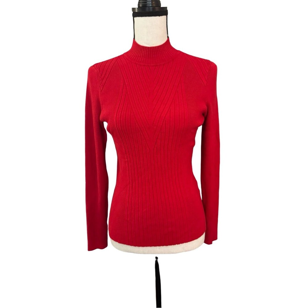 INC International Concepts Red Ribbed Mock Neck Sweater Women M Chevron Knit